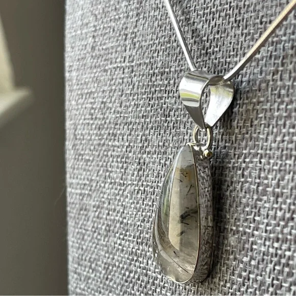 Black Rutilated Quartz Tear Drop Pendant 925 Sterling Silver 19" Necklace Chain - Picture 12 of 15